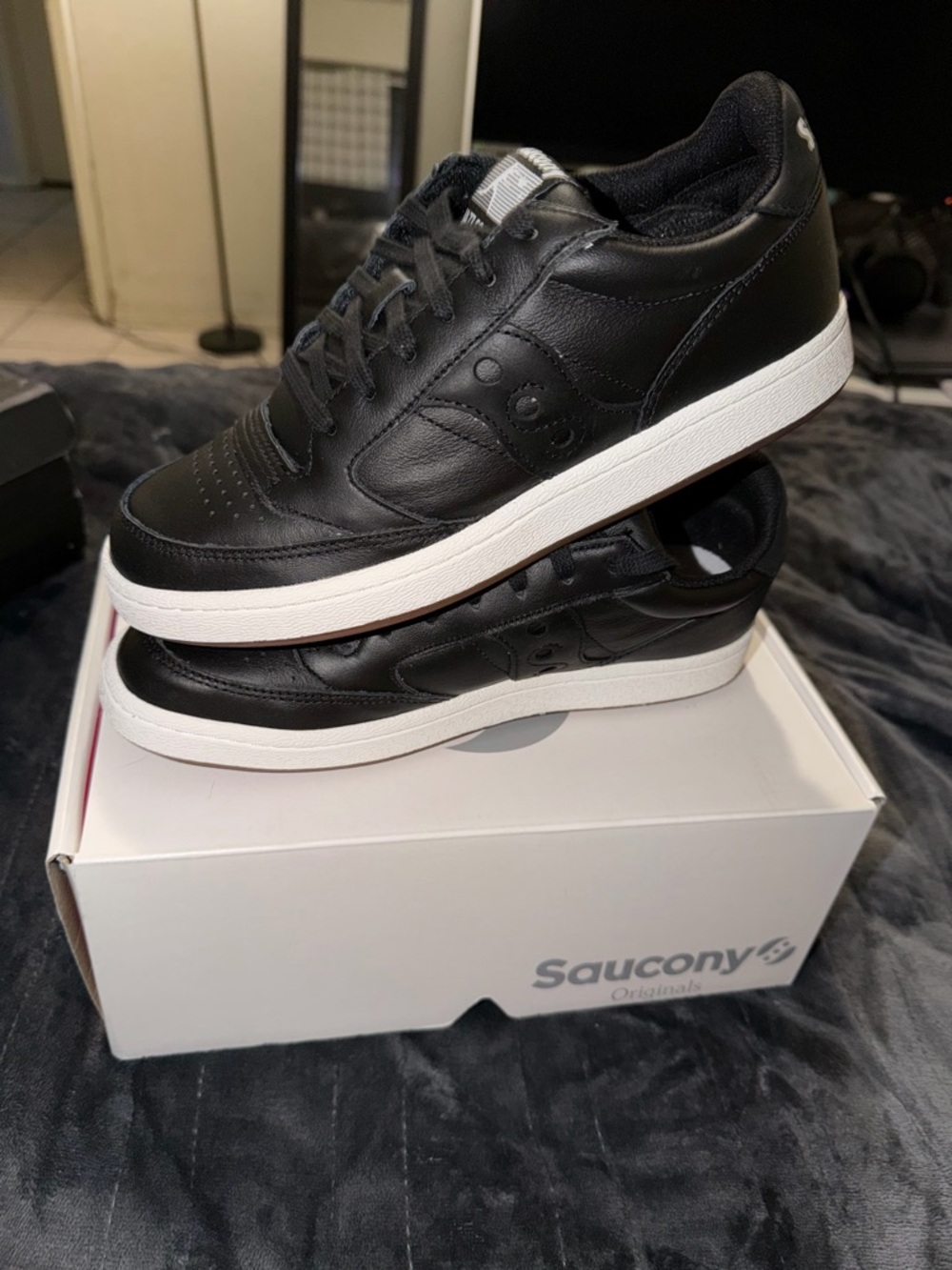 Saucony Men's Black Leather Sneakers with White Sole
